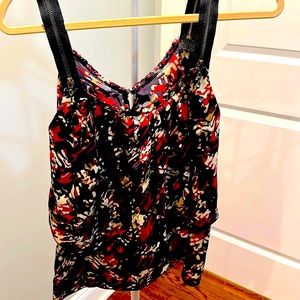 Silk, modern print, black, red and cream tank with black zipper straps. Size xs